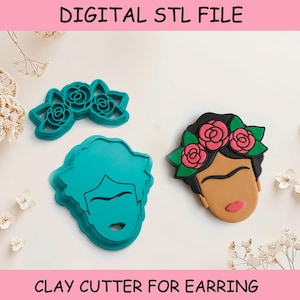May include: A teal clay cutter set for earrings, featuring a floral crown, a face with a floral crown, and a separate floral crown. The text "DIGITAL STL FILE" and "CLAY CUTTER FOR EARRING" are displayed.
