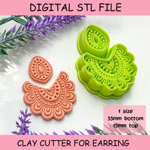 May include: A digital STL file for a clay earring cutter set, featuring a peach-colored cutout and a lime green 3D-printed cutter. The design includes a teardrop top and a scalloped bottom piece. Text indicates 35mm bottom and 15mm top sizes.