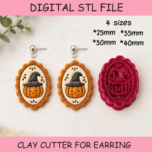 May include: Digital STL file for a clay cutter for earring. The image shows two oval-shaped earrings featuring a pumpkin wearing a witch hat, and one magenta-colored plastic cutter. Text indicates 4 sizes: 25mm, 30mm, 35mm, and 40mm.