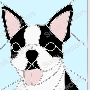 May include: A stained glass illustration of a black and white Boston Terrier dog with a pink tongue sticking out. The dog is set against a light blue background.