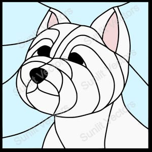 May include: A white West Highland White Terrier dog with black eyes and pink ears, depicted in a stained glass style with black lines.