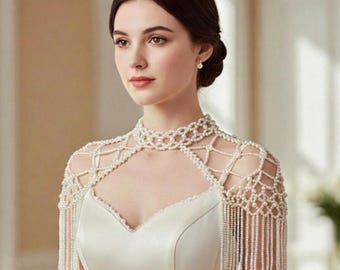 Handmade Pearl Capelet: Ivory Beaded Shoulder Shawl for Wedding or Evening Wear