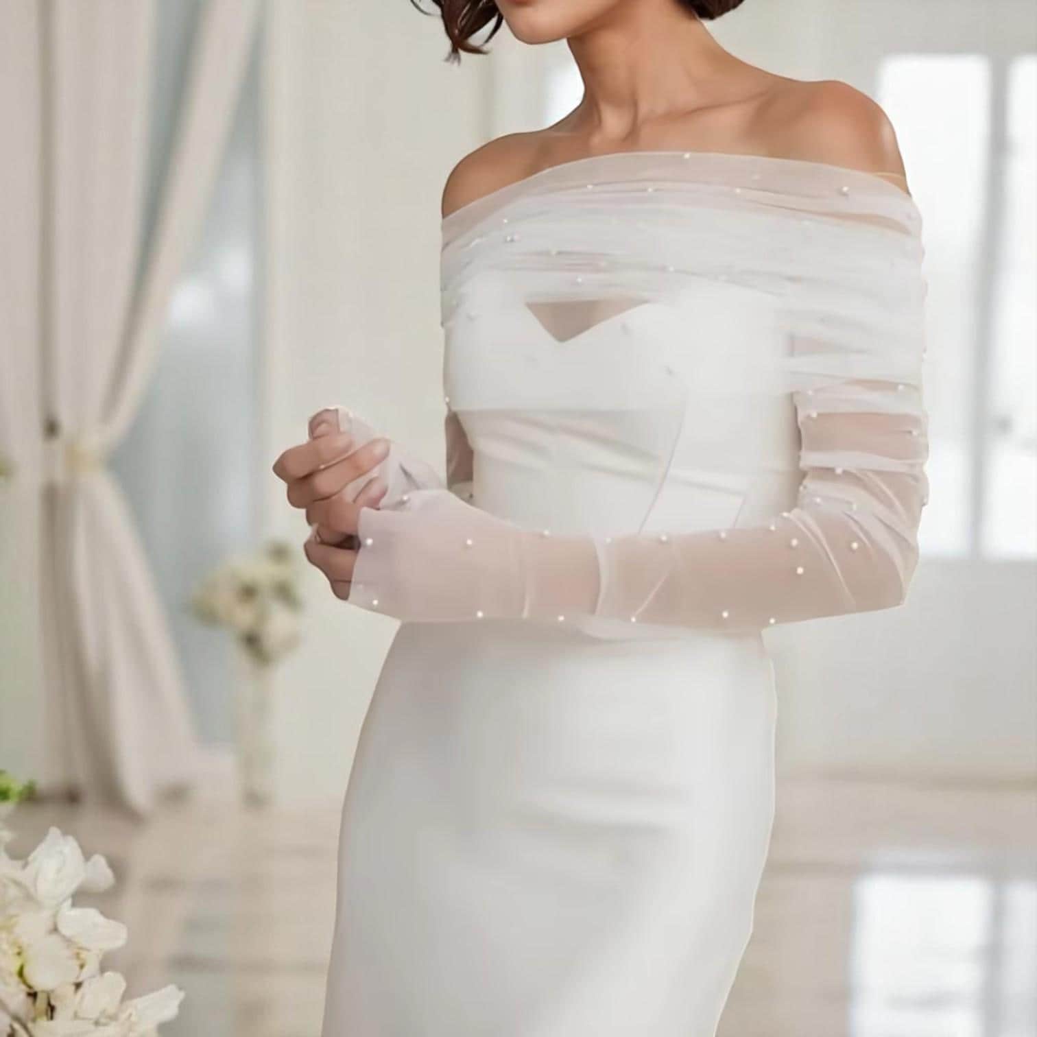 Bride's Lace Bolero Shawl Or Tippet - Floral Trim Tulle Wrap For Weddings & Formal Events