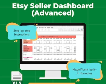 May include: A computer screen displaying a spreadsheet with the title "Your Business Name Month by Month Summary". The spreadsheet includes columns for revenue, expenses, and net profit. The spreadsheet is designed to help Etsy sellers track their business finances. The image also includes the text "Etsy Seller Dashboard (Advanced)" and "Make Etsy Accounting & Finances Easier Again".