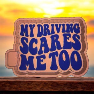 May include: A sticker with the text "MY DRIVING SCARES ME TOO" in blue, outlined in white and brown. The sticker has a light brown background and a decorative border. The background is a blurred sunset.