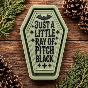 May include: A sage green coffin-shaped silicone mold featuring the embossed black text JUST A LITTLE RAY OF PITCH BLACK, accented with a small bat icon at the top and several four-pointed star symbols surrounding the lettering on the surface.