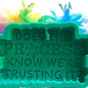May include: A rectangular teal silicone mold featuring the embossed text "DOES THE PROCESS KNOW WE'RE TRUSTING IT?" with a flower icon replacing the letter O in the word PROCESS. The mold has a wavy, irregular border and a smooth finish.