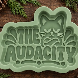 May include: A sage green silicone mold featuring a raised graphic of a grumpy cat with crossed arms. The text THE AUDACITY is embossed in a bold, rounded font below the cat. The mold has a scalloped edge and a smooth, matte finish throughout.