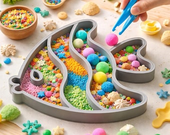 Bandeja sensorial con forma de pez para jugar y aprender – Filamento PLA impreso en 3D