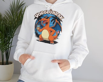 Sudadera con capucha de precalentamiento – Sudadera divertida para fiestas y festivales – Camiseta Charizard bebiendo – Sudadera unisex con humor – Sudadera con capucha de Pokémon