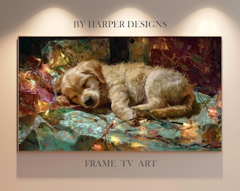 May include: A framed artwork featuring a sleeping golden retriever puppy. The puppy is lying on a bed of colorful, patterned fabric, with string lights adding warm tones. The text "BY HARPER DESIGNS" and "FRAME TV ART" are visible.