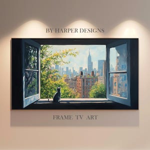 以下が含まれることがあります： 都市のスカイラインを望む開いた窓の絵画。窓辺には灰色の猫がいます。「BY HARPER DESIGNS」と「FRAME TV ART」の文字が含まれています。フレームは濃い青色です。