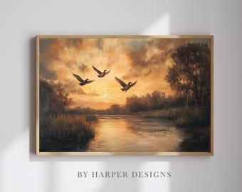 Fliegende Enten Wand Kunst Druck | Landschaft Gemälde | DRUCKBARE Wandkunst | Rustikale Malerei | Vintage Druck | Digitale Kunst