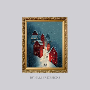 Arte de pared navideño vintage, decoración navideña, pintura navideña imprimible de invierno, decoración cottagecore, decoración navideña caprichosa para el hogar, impresión artística de la ciudad