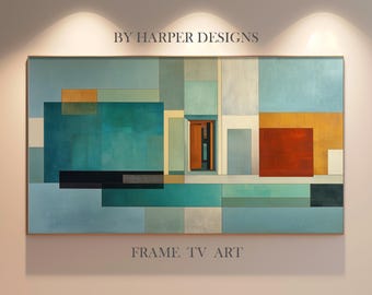 May include: Abstract geometric wall art in shades of teal, blue, orange, and beige. The artwork features rectangular and square shapes arranged in a modern design. The text "BY HARPER DESIGNS" and "FRAME TV ART" are visible.