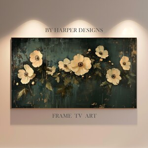 Flower Oil Painting Frame TV Art | Antique Dark Green Peach Floral Art | Vintage Botanical Art | Digital Art |  Instant Download