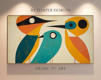 Mid Century Birds TV Art | Samsung Frame TV | Bird Landscape Painting | Birds Painting | Vintage Geometric Painting | Digital Art