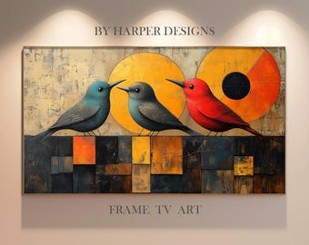 Mid Century Birds TV Art | Samsung Frame TV | Bird Landscape Painting | Birds Painting | Vintage Geometric Painting | Digital Art