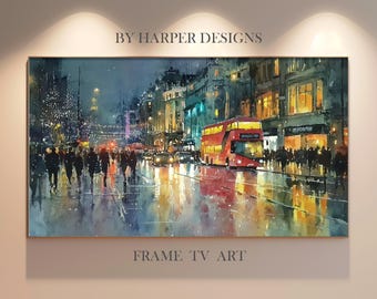 London Frame TV Art | Red Bus Watercolor Digital Download | Impressionist Rainy Street Painting for Samsung Frame | Moody Wall Art