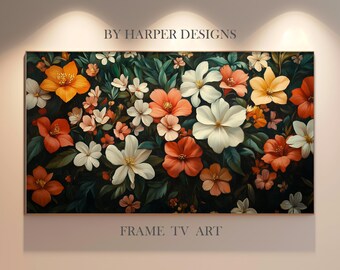 Botanical Flowers Oil Painting Frame TV Art | Antique Dark Green Floral Art | Vintage Botanical Art | Digital Art |  Instant Download