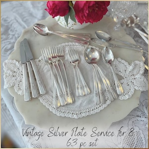 Vintage 1940 Desire WM Rogers-Silver plate Flatware set, Service for 8, with Cheese knife, Party Supply, 63 Pc Silverplate, Ice Tea Spoons