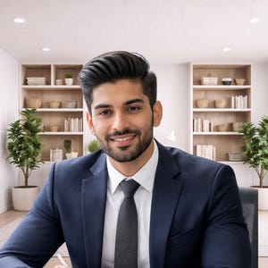 May include: A man in a navy blue suit and black tie smiles at the camera. The background includes a home office with bookshelves, plants, and a large window. The room is well-lit and appears to be a professional setting.