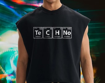 Męska koszulka rave: TECHNO Periodic Table Muscle Tee, oversize'owa koszulka EDM