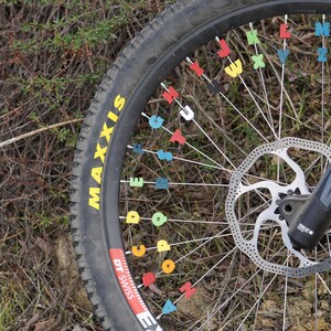May include: A close-up of a black mountain bike wheel with a disc brake and a Maxxis brand tyre. The spokes are decorated with colourful letter stickers.