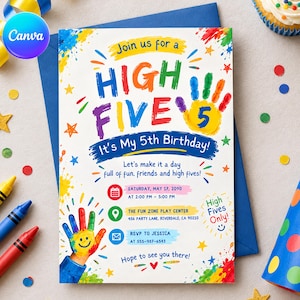 May include: A rectangular birthday invitation card featuring colourful handprints, paint splatters, and stars. The text reads: Join us for a HIGH FIVE It's My 5th Birthday! Includes event details for Saturday, May 17, 2090, at The Fun Zone Play Center.