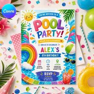 Op de afbeelding: Een rechthoekige uitnodigingskaart voor een zwembadfeest met een lachende zon, een regenboog, een strandbal, een zonnebril en een drankje. De tekst luidt: You're invited to a pool party, splash, play & celebrate, join us to celebrate Alex's 8th birthday.