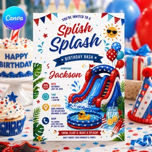 May include: A birthday invitation card featuring the text Splish Splash Birthday Bash honoring Jackson. The design includes a red, white, and blue inflatable water slide, a yellow rubber duck in a pool, and party details for July 26, 2025.
