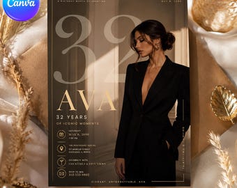 Photo 32nd Birthday Invitation, Elegant Gold Chic Modern Woman 30s Birthday Party Invite Template, Editable Canva Digital Download Card