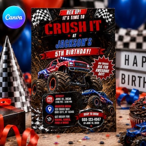 May include: A rectangular birthday invitation card featuring a red and blue monster truck on a muddy track. Text includes REV UP! IT'S TIME TO CRUSH IT AT JACKSON'S 5TH BIRTHDAY! BIG TRUCKS BIG FUN AWESOME DAY! SATURDAY JUNE 21, 2030 2:00 PM - 5:00 PM.