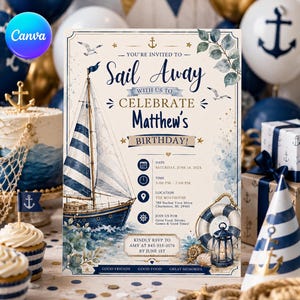 Nautical Birthday Invitation Boy, Sail Away Template, Watercolor Sailboat Party Invite, Ocean Theme Sea Anchor, Matthew Birthday Card