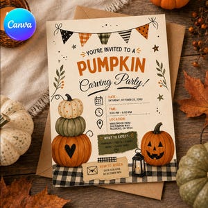 May include: A rectangular invitation card for a pumpkin carving party featuring a stack of three pumpkins, a jack-o'-lantern, and bunting. The text reads: You're invited to a Pumpkin Carving Party, date Saturday, October 25, 2090, time 3:00 PM - 6:00 PM, location Maplewood Farm, 246 Pumpkin Way, Hillsboro, OR 97124, and RSVP to Jessica (503) 555-0198 by October 18th.