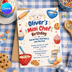 Peut inclure: Une carte d'invitation d'anniversaire rectangulaire avec des illustrations colorées d'ustensiles de cuisine et de pâtisseries. Le texte indique : Oliver's Mini Chef Birthday, Put On Your Chef Hat & Join The Fun!, Sunday, October 11, 2040, 1:00 PM - 3:00 PM, Little Chefs Kitchen, 45 Maple Street, RSVP: Sarah 555-234-5678.