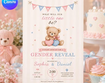 Könnte beinhalten: Eine Einladungskarte zur Geschlechtsenthüllung mit einem braunen Teddybären, der rosa und blaue Herzen hält. Der Text lautet: What will our little one be? Please join us for a gender reveal honoring Sophia & Daniel, Sonntag, 16. Juni 2000, 14:00 Uhr.