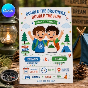 Può includere: Un invito di compleanno con due ragazzi in stile cartoon con zaini, alberi di pino e una tenda. Il testo recita: Double the brothers, double the fun! Join us to celebrate Ethan's 5th birthday and Noah's 6th birthday sabato 18 luglio alle ore 14:00.