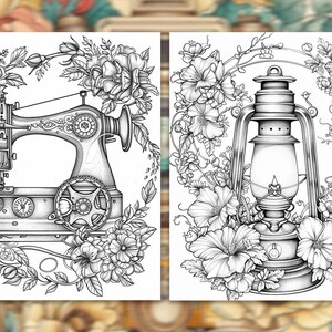 Pode incluir: Duas ilustra&ccedil;&otilde;es a preto e branco. Uma retrata uma m&aacute;quina de costura vintage rodeada por elementos florais. A outra mostra uma lanterna, tamb&eacute;m emoldurada por flores. Ambas as imagens s&atilde;o detalhadas e desenhadas &agrave; m&atilde;o, para colorir.