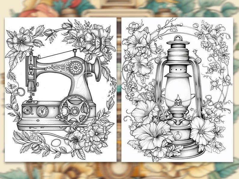 Pode incluir: Duas ilustra&ccedil;&otilde;es a preto e branco. Uma retrata uma m&aacute;quina de costura vintage rodeada por elementos florais. A outra mostra uma lanterna, tamb&eacute;m emoldurada por flores. Ambas as imagens s&atilde;o detalhadas e desenhadas &agrave; m&atilde;o, para colorir.