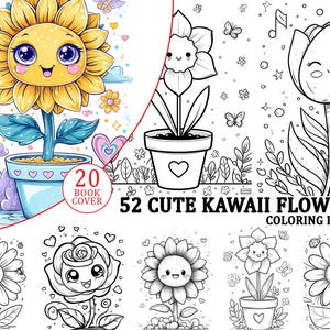 52 schattige kawaii bloem kleurplaten - kawaii kleurplaten, kleurboek voor volwassenen en kinderen, direct downloaden, afdrukbaar pdf-bestand.