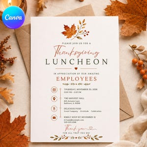 Puede incluir: Una tarjeta de invitación rectangular blanca para un almuerzo de Acción de Gracias en agradecimiento a los empleados. El texto incluye detalles del evento para el jueves 20 de noviembre de 2026 en The Harvest Hall, con ilustraciones de hojas de otoño.