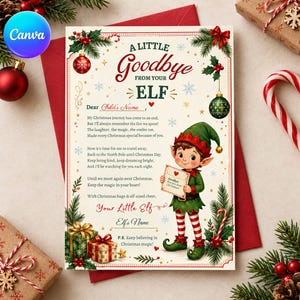 Pode incluir: Uma carta impressa intitulada A Little Goodbye From Your Elf com uma borda festiva de ramos de pinheiro, ornamentos vermelhos e presentes. O texto inclui uma mensagem de despedida de um elfo, ilustrado segurando um envelope no canto.