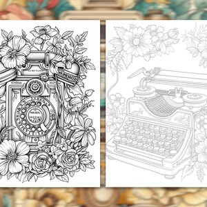 Pode incluir: Duas ilustra&ccedil;&otilde;es a preto e branco de objetos vintage rodeados por flores. Uma mostra um telefone de disco com detalhes florais, a outra uma m&aacute;quina de escrever. As imagens s&atilde;o adequadas para colorir.