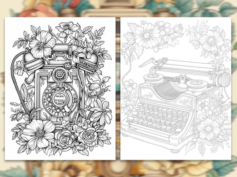 Pode incluir: Duas ilustra&ccedil;&otilde;es a preto e branco de objetos vintage rodeados por flores. Uma mostra um telefone de disco com detalhes florais, a outra uma m&aacute;quina de escrever. As imagens s&atilde;o adequadas para colorir.