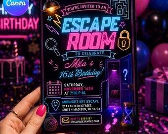 Modèle d'invitation d'anniversaire Escape Game modifiable sur Canva, invitation d'anniversaire lumineuse au néon, fête mystère pour adolescents (16 ans), invitation imprimable pour enfants