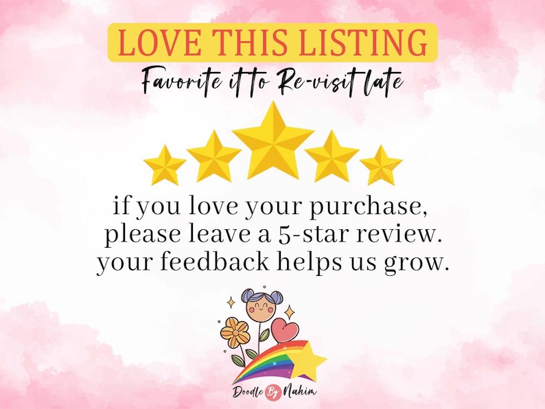 Pode incluir: Imagem com texto que diz "LOVE THIS LISTING" e "Favorite it to Re-visit late". Tamb&eacute;m inclui cinco estrelas douradas e o texto "se voc&ecirc; ama sua compra, por favor, deixe uma avalia&ccedil;&atilde;o de 5 estrelas. seu feedback nos ajuda a crescer."