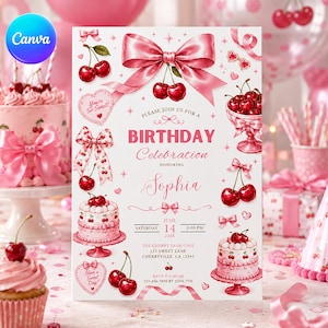 Puede incluir: Una tarjeta de invitación de cumpleaños blanca con lazos rosas, cerezas rojas y pasteles. El texto dice: Please join us for a birthday celebration honoring Sophia, June 14, 202X, 2:00 PM, The Cherry Lane Cafe, 123 Sweet Lane, Cherryville, CA 12345, RSVP to Mom.
