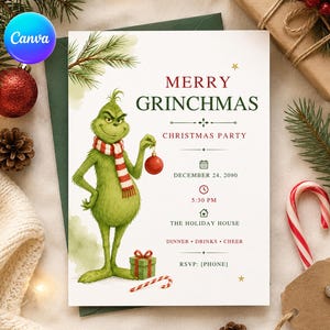 Könnte beinhalten: Eine rechteckige Weihnachtsparty-Einladungskarte mit einer grünen Figur, die einen rot-weiß gestreiften Schal trägt und eine rote Kugel hält. Der Text lautet MERRY GRINCHMAS, CHRISTMAS PARTY, DECEMBER 24, 2090, 5:30 PM, THE HOLIDAY HOUSE, DINNER, DRINKS, CHEER, RSVP: [PHONE].