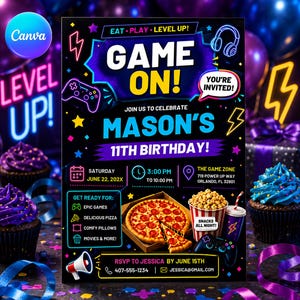 Gaming Birthday Invitation Boy, Game On Party Template, Video Game Controller Invite, Pizza Slumber Party, Mason 11th Birthday Card